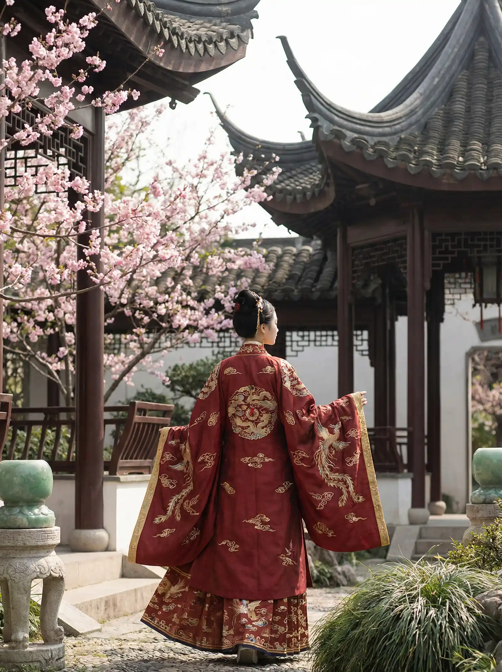 四房播播开心五月 明制汉服红色凤凰刺绣